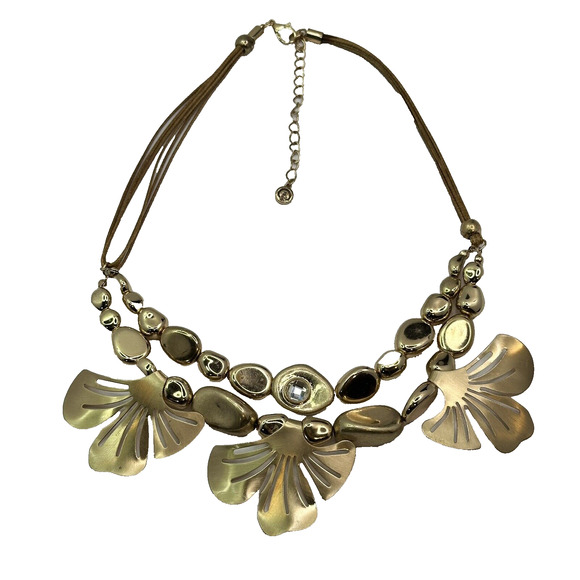 C 1946 Signed Gold Tone Gingko Leaves and‎ Round Beads Necklace Leather Cord - Picture 4 of 12